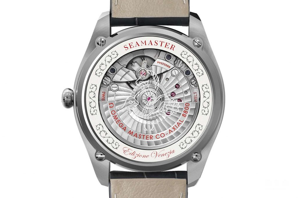 The impressive movement  is visible through the transparent sapphire crystal caseback.